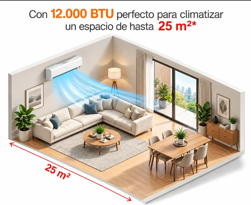 12.000 BTU — cobertura referencial de hasta 25 m²