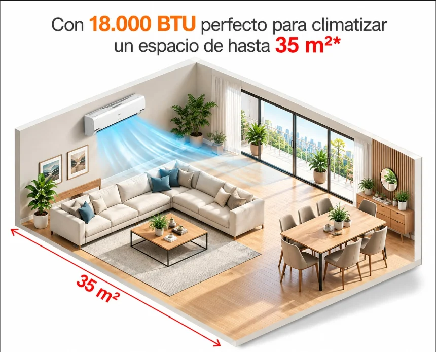 18.000 BTU — cobertura referencial de hasta 35 m²