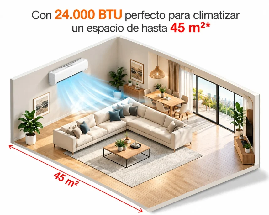 24.000 BTU — cobertura referencial de hasta 45 m²