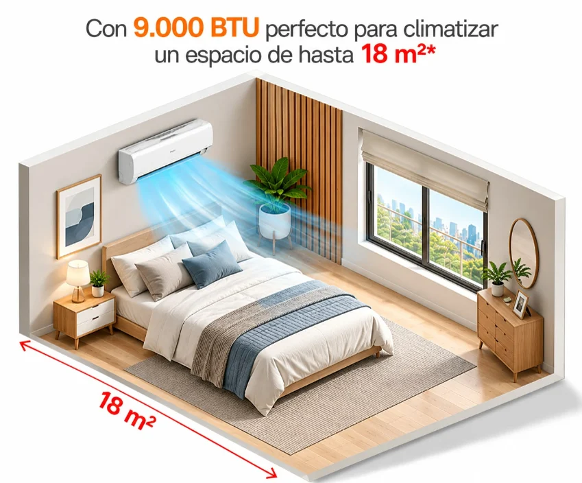 9.000 BTU — cobertura referencial de hasta 18 m²