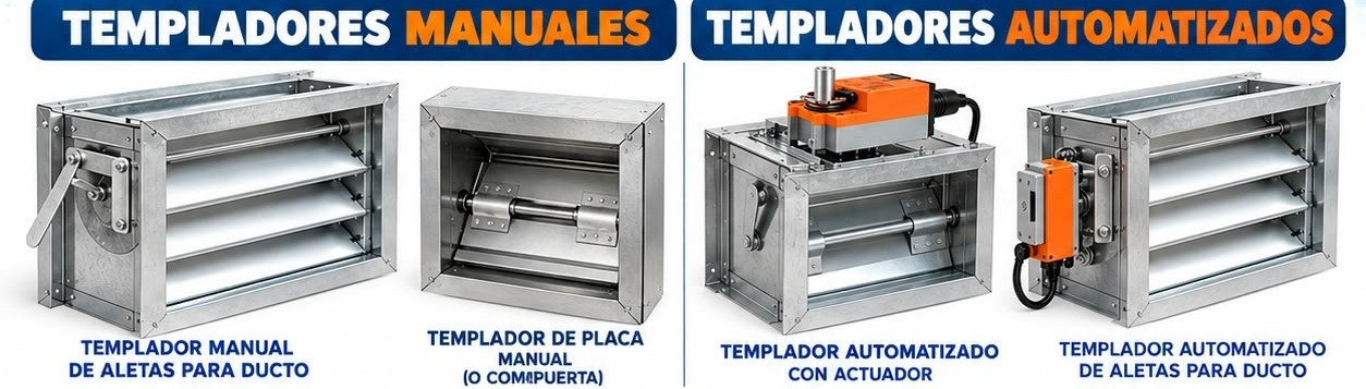 Templadores para sistemas de ventilación HVAC fabricados por M&P: templador manual de aletas, templador de placa manual, templador automatizado con actuador y templador automatizado de aletas.