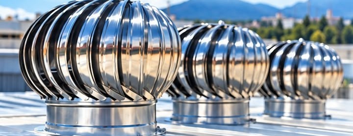 Extractores eólicos instalados sobre cubiertas de techos industriales para ventilación natural y evacuación de calor.