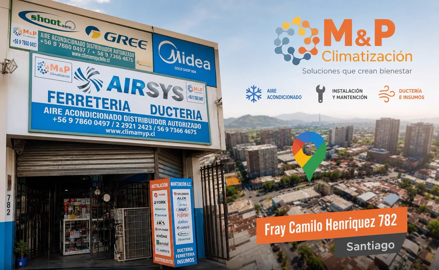 Fachada de la tienda M&P Climatización en Fray Camilo Henríquez 782, Santiago